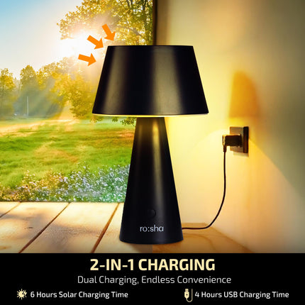 Rosha Helia Solar Wireless LED Table Lamp (Black)| Upto 14 Hrs Battery Backup |2600 mAh Rechargeable Batteries | Lamps for Bedroom and Living Room 