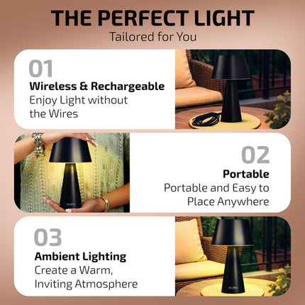 Rosha Helia Solar Wireless LED Table Lamp (Black)| Upto 14 Hrs Battery Backup |2600 mAh Rechargeable Batteries | Lamps for Bedroom and Living Room 
