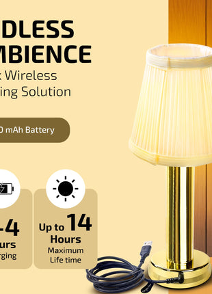 Rosha Illume Wireless Aluminium LED Table Lamp (Gold)| Upto 14 Hrs Battery Backup |2600 mAh Rechargeable Batteries Lamps for Bedroom and Living Room 