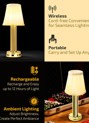 Rosha Illume Wireless Aluminium LED Table Lamp (Gold)| Upto 14 Hrs Battery Backup |2600 mAh Rechargeable Batteries Lamps for Bedroom and Living Room 