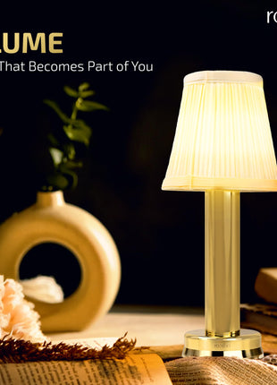 Rosha Illume Wireless Aluminium LED Table Lamp (Gold)| Upto 14 Hrs Battery Backup |2600 mAh Rechargeable Batteries Lamps for Bedroom and Living Room 