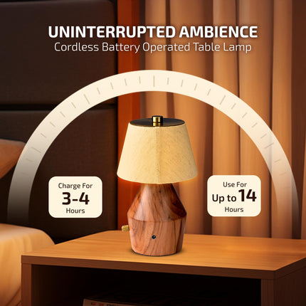 Rosha Lignum Wireless Wood LED Table Lamp (Light Brown)| Upto 14 Hrs Battery Backup |2600 mAh Rechargeable Batteries | Lamps for Bedroom and Living Room. 