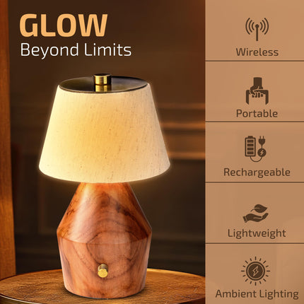 Rosha Lignum Wireless Wood LED Table Lamp (Light Brown)| Upto 14 Hrs Battery Backup |2600 mAh Rechargeable Batteries | Lamps for Bedroom and Living Room. 