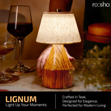 Rosha Lignum Wireless Wood LED Table Lamp (Light Brown)| Upto 14 Hrs Battery Backup |2600 mAh Rechargeable Batteries | Lamps for Bedroom and Living Room. 