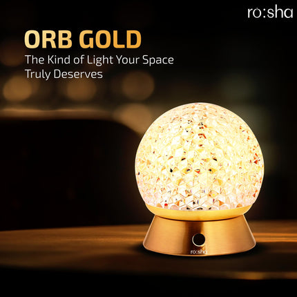 Rosha Orb Wireless Iron & Acrylic LED Table Lamps | Upto 10-12 Hrs 1800 mAh Rechargeable Batteries | Touch Dimmer Control | 3 Level Brightness (Gold) 
