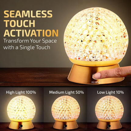 Rosha Orb Wireless Iron & Acrylic LED Table Lamps | Upto 10-12 Hrs 1800 mAh Rechargeable Batteries | Touch Dimmer Control | 3 Level Brightness (Gold) 