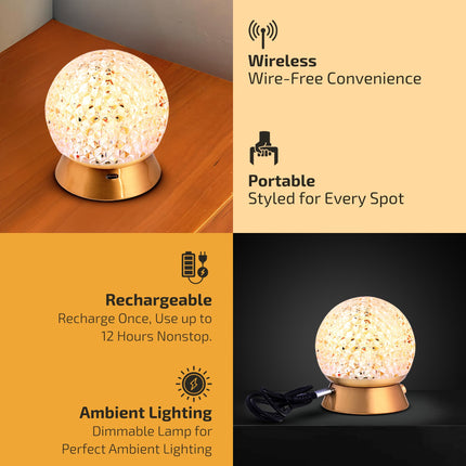 Rosha Orb Wireless Iron & Acrylic LED Table Lamps | Upto 10-12 Hrs 1800 mAh Rechargeable Batteries | Touch Dimmer Control | 3 Level Brightness (Gold) 