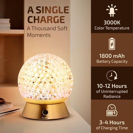 Rosha Orb Wireless Iron & Acrylic LED Table Lamps | Upto 10-12 Hrs 1800 mAh Rechargeable Batteries | Touch Dimmer Control | 3 Level Brightness (Gold) 