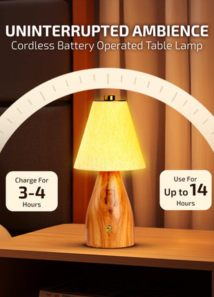 Rosha Reverie Wireless Wood LED Table Lamp (Light Brown)| Upto 14 Hrs Battery Backup |2600 mAh Rechargeable Batteries | Lamps for Bedroom and Living Room 