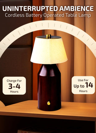 Rosha Sylva Wireless Wood LED Table Lamp (Dark Brown)|Upto 14 Hrs Battery Backup |2600 mAh Rechargeable Batteries Lamps for Bedroom and Living Room 