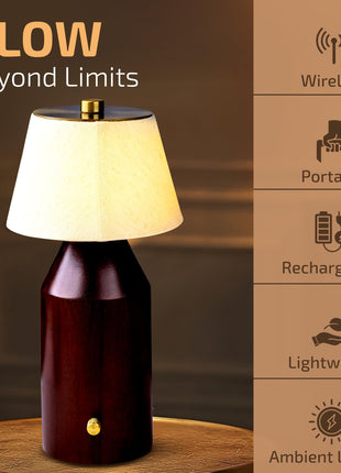 Rosha Sylva Wireless Wood LED Table Lamp (Dark Brown)|Upto 14 Hrs Battery Backup |2600 mAh Rechargeable Batteries Lamps for Bedroom and Living Room 