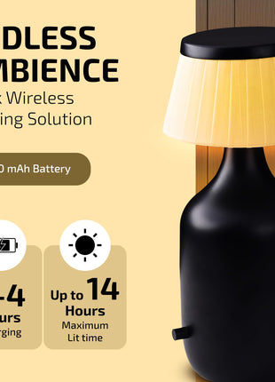 Rosha Valentino Wireless Aluminium LED Table Lamp (Black)| Upto 14 Hrs Battery Backup |2500 mAh Rechargeable Batteries | Lamps for Bedroom and Living Room 