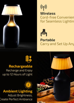 Rosha Valentino Wireless Aluminium LED Table Lamp (Black)| Upto 14 Hrs Battery Backup |2500 mAh Rechargeable Batteries | Lamps for Bedroom and Living Room 