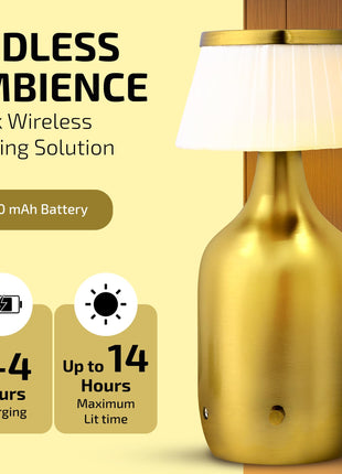 Rosha Valentino Wireless Aluminium LED Table Lamp (Gold)| Upto 14 Hrs Battery Backup |2500 mAh Rechargeable Batteries | Lamps for Bedroom and Living Room 