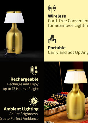 Rosha Valentino Wireless Aluminium LED Table Lamp (Gold)| Upto 14 Hrs Battery Backup |2500 mAh Rechargeable Batteries | Lamps for Bedroom and Living Room 