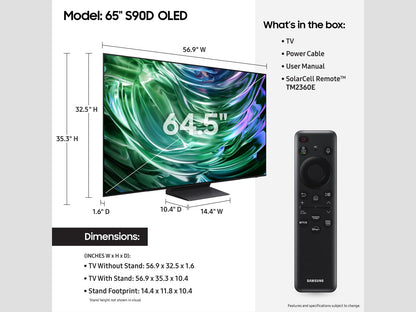 SAMSUNG 65-Inch Class OLED 4K S90D Series HDR+ Smart TV w/Dolby Atmos, Object Tracking Sound Lite, Motion Xcelerator, Real Depth Enhancer, 4K AI Upscaling, Alexa Built-in (QN65S90D, 2024 Model) 