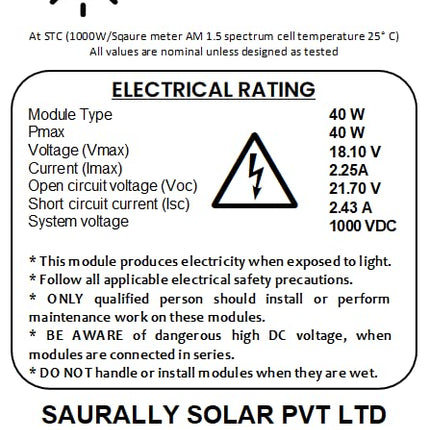 SAURALLY - A RENEWABLE INDIA. MADE IN INDIA! Aluminium Solar 40W 12V Solar Panel, 67 x 43 Cm 