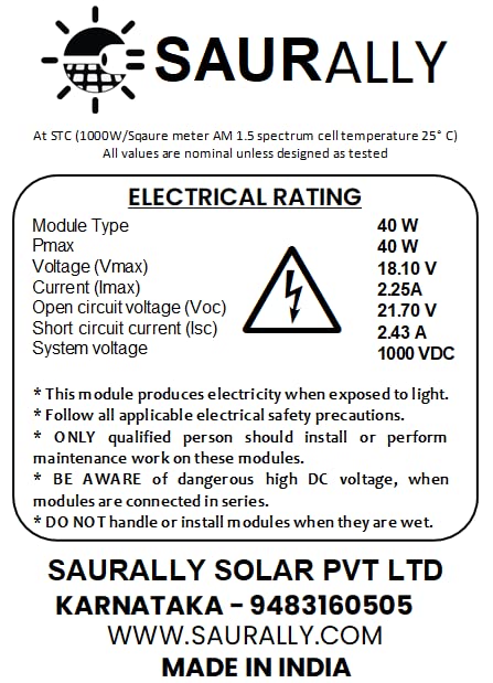 SAURALLY - A RENEWABLE INDIA. MADE IN INDIA! Aluminium Solar 40W 12V Solar Panel, 67 x 43 Cm 
