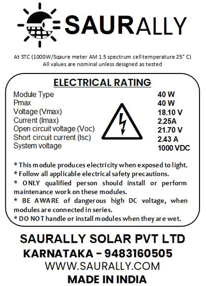 SAURALLY - A RENEWABLE INDIA. MADE IN INDIA! Aluminium Solar 40W 12V Solar Panel, 67 x 43 Cm 