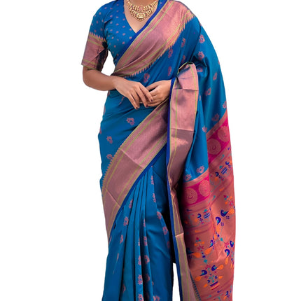SGF11 Women's Kanjivaram Paithani Pure Soft Silk Saree For Womens With Blouse Piece (Blue) 