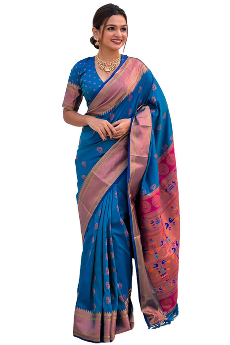 SGF11 Women's Kanjivaram Paithani Pure Soft Silk Saree For Womens With Blouse Piece (Blue) 