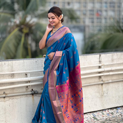 SGF11 Women's Kanjivaram Paithani Pure Soft Silk Saree For Womens With Blouse Piece (Blue) 