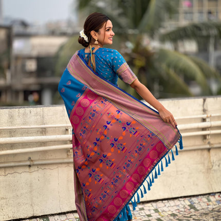 SGF11 Women's Kanjivaram Paithani Pure Soft Silk Saree For Womens With Blouse Piece (Blue) 