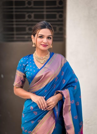 SGF11 Women's Kanjivaram Paithani Pure Soft Silk Saree For Womens With Blouse Piece (Blue) 