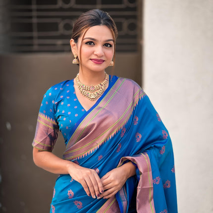 SGF11 Women's Kanjivaram Paithani Pure Soft Silk Saree For Womens With Blouse Piece (Blue) 