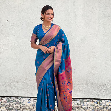 SGF11 Women's Kanjivaram Paithani Pure Soft Silk Saree For Womens With Blouse Piece (Blue) 