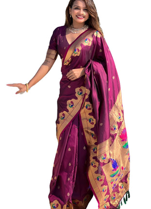 SGF11 Women's Kanjivaram Paithani Pure Soft Silk Saree For Womens With Unstitched Blouse Piece (Purple) 