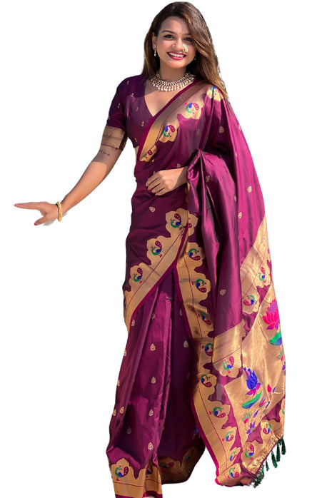 SGF11 Women's Kanjivaram Paithani Pure Soft Silk Saree For Womens With Unstitched Blouse Piece (Purple) 