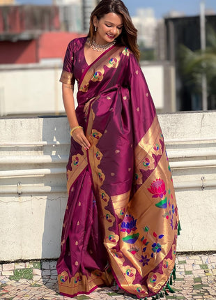 SGF11 Women's Kanjivaram Paithani Pure Soft Silk Saree For Womens With Unstitched Blouse Piece (Purple) 