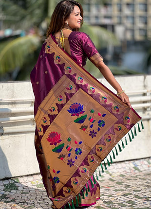 SGF11 Women's Kanjivaram Paithani Pure Soft Silk Saree For Womens With Unstitched Blouse Piece (Purple) 