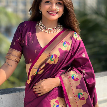 SGF11 Women's Kanjivaram Paithani Pure Soft Silk Saree For Womens With Unstitched Blouse Piece (Purple) 