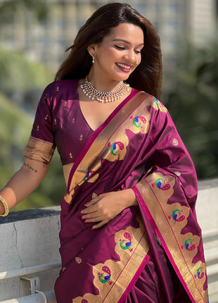 SGF11 Women's Kanjivaram Paithani Pure Soft Silk Saree For Womens With Unstitched Blouse Piece (Purple) 