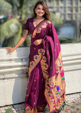 SGF11 Women's Kanjivaram Paithani Pure Soft Silk Saree For Womens With Unstitched Blouse Piece (Purple) 