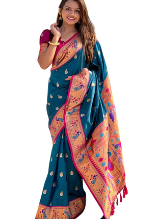 SGF11 Women's Kanjivaram Paithani Pure Soft Silk Saree For Womens With Unstitched Blouse Piece (Rama Blue) 