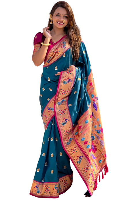SGF11 Women's Kanjivaram Paithani Pure Soft Silk Saree For Womens With Unstitched Blouse Piece (Rama Blue) 