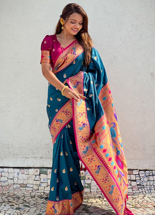 SGF11 Women's Kanjivaram Paithani Pure Soft Silk Saree For Womens With Unstitched Blouse Piece (Rama Blue) 