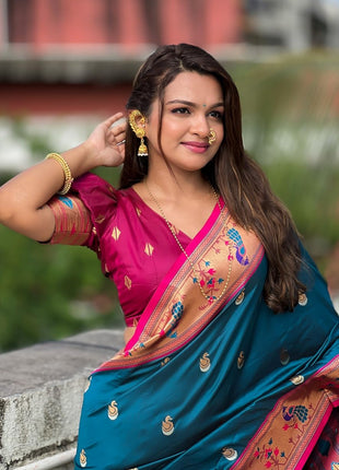 SGF11 Women's Kanjivaram Paithani Pure Soft Silk Saree For Womens With Unstitched Blouse Piece (Rama Blue) 