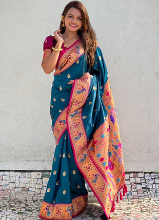 SGF11 Women's Kanjivaram Paithani Pure Soft Silk Saree For Womens With Unstitched Blouse Piece (Rama Blue) 