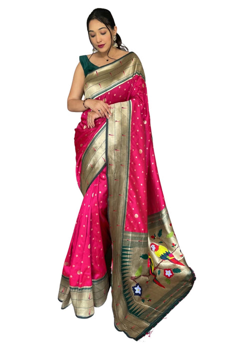 SGF11-Women's Kanjivaram Paithani Silk Saree Golden Zari With Blouse Piece (Pink) 