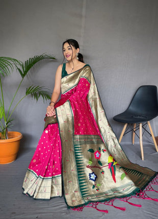 SGF11-Women's Kanjivaram Paithani Silk Saree Golden Zari With Blouse Piece (Pink) 