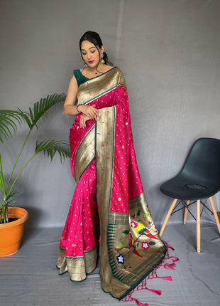 SGF11-Women's Kanjivaram Paithani Silk Saree Golden Zari With Blouse Piece (Pink) 