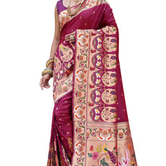 SGF11 Women's Kanjivaram Paithani Silk Saree Pure Golden Zari With Blouse Piece(Rani Pink) 