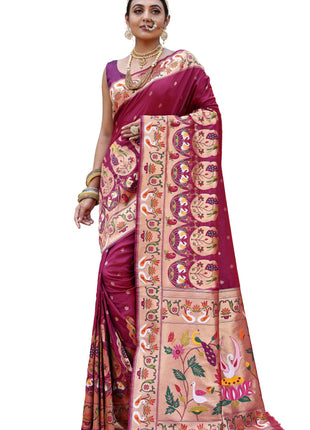 SGF11 Women's Kanjivaram Paithani Silk Saree Pure Golden Zari With Blouse Piece(Rani Pink) 