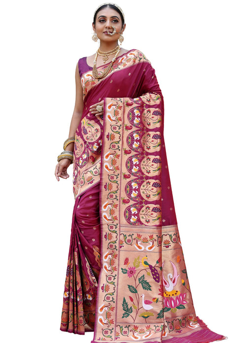SGF11 Women's Kanjivaram Paithani Silk Saree Pure Golden Zari With Blouse Piece(Rani Pink) 