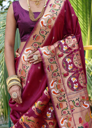 SGF11 Women's Kanjivaram Paithani Silk Saree Pure Golden Zari With Blouse Piece(Rani Pink) 