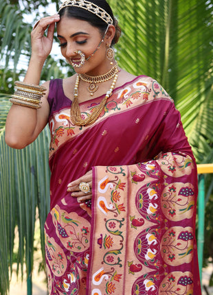 SGF11 Women's Kanjivaram Paithani Silk Saree Pure Golden Zari With Blouse Piece(Rani Pink) 